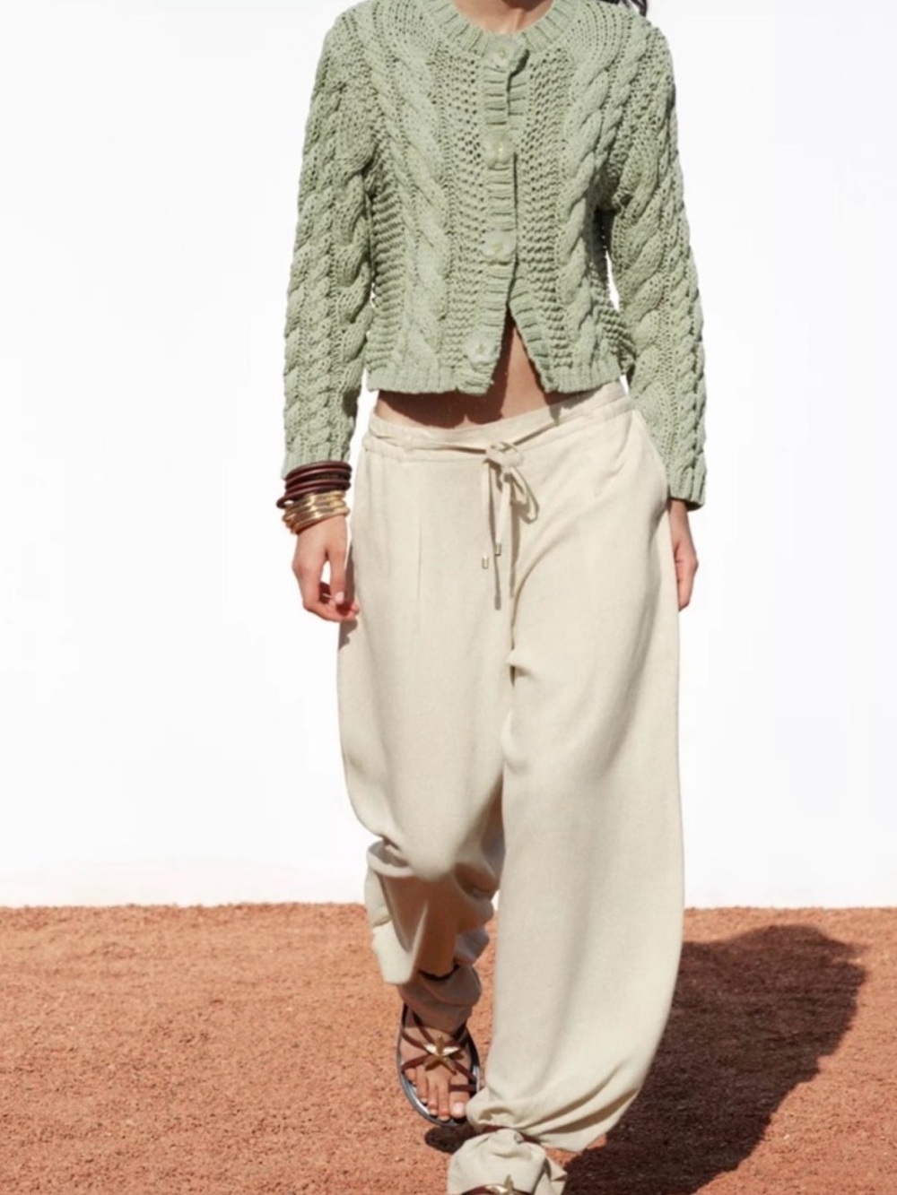 Zara Light Sage Green Cable Knit Cropped Cardigan - Picture 4 of 12